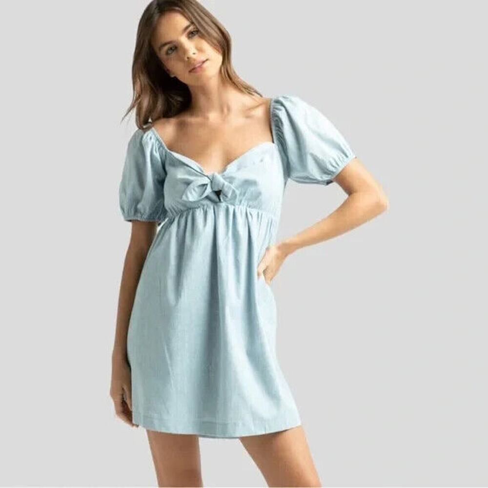 Lost + Wander Blue Babydoll Dress Linen Blue Lagoon Bow Front Elastic Large NWT